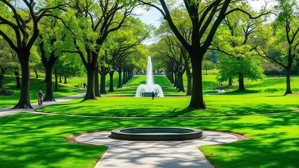 A welcoming green community park with trees and a fountain